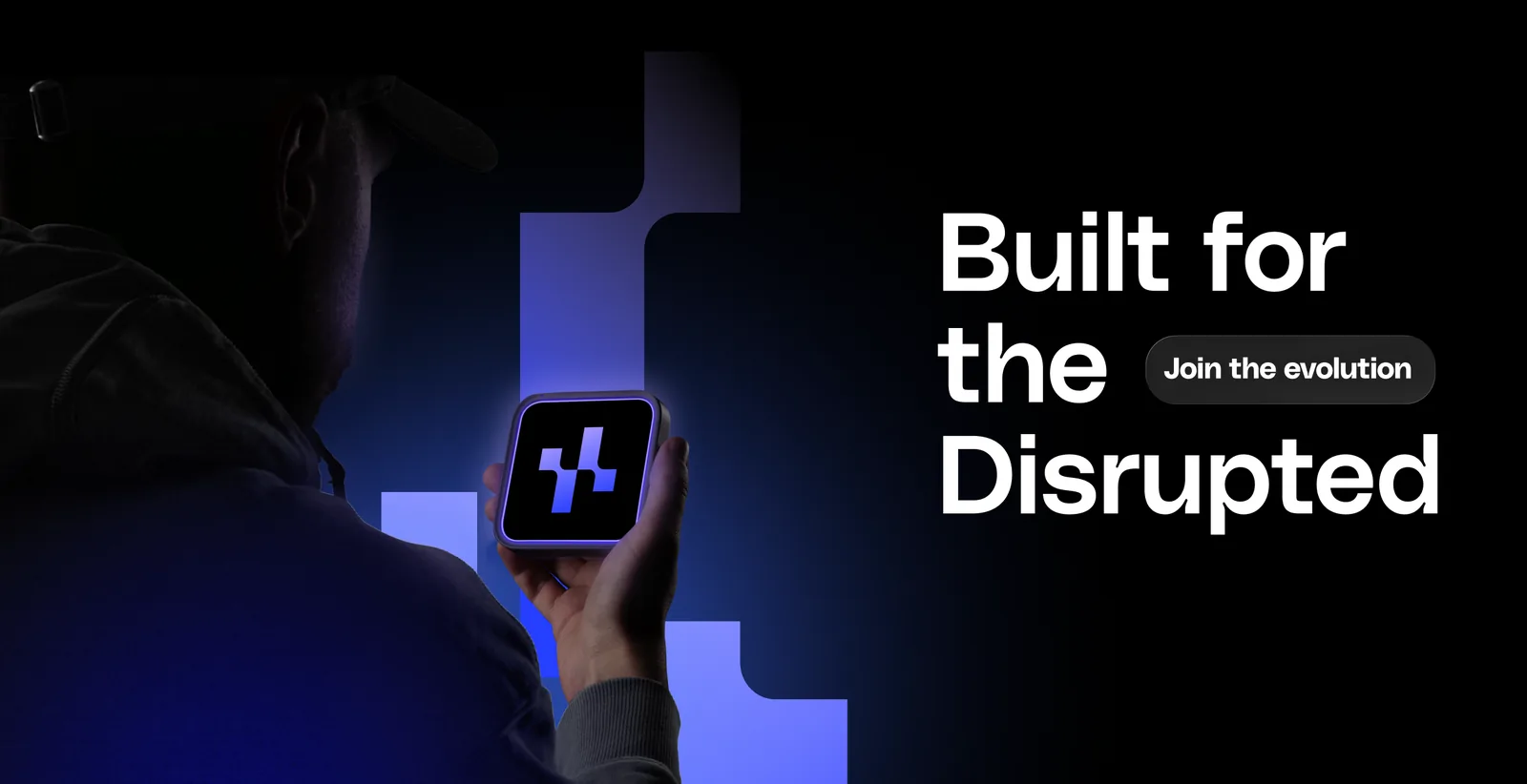 A hand holding a phone showing the Hyperprop app icon, next to the line “Built for the Disrupted”