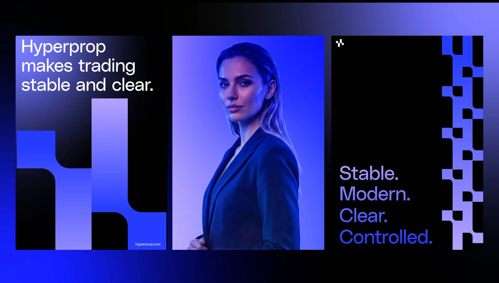 Hyperprop poster set in blue with the line “Hyperprop makes trading stable and clear” and the words “Stable. Modern. Clear. Controlled.”