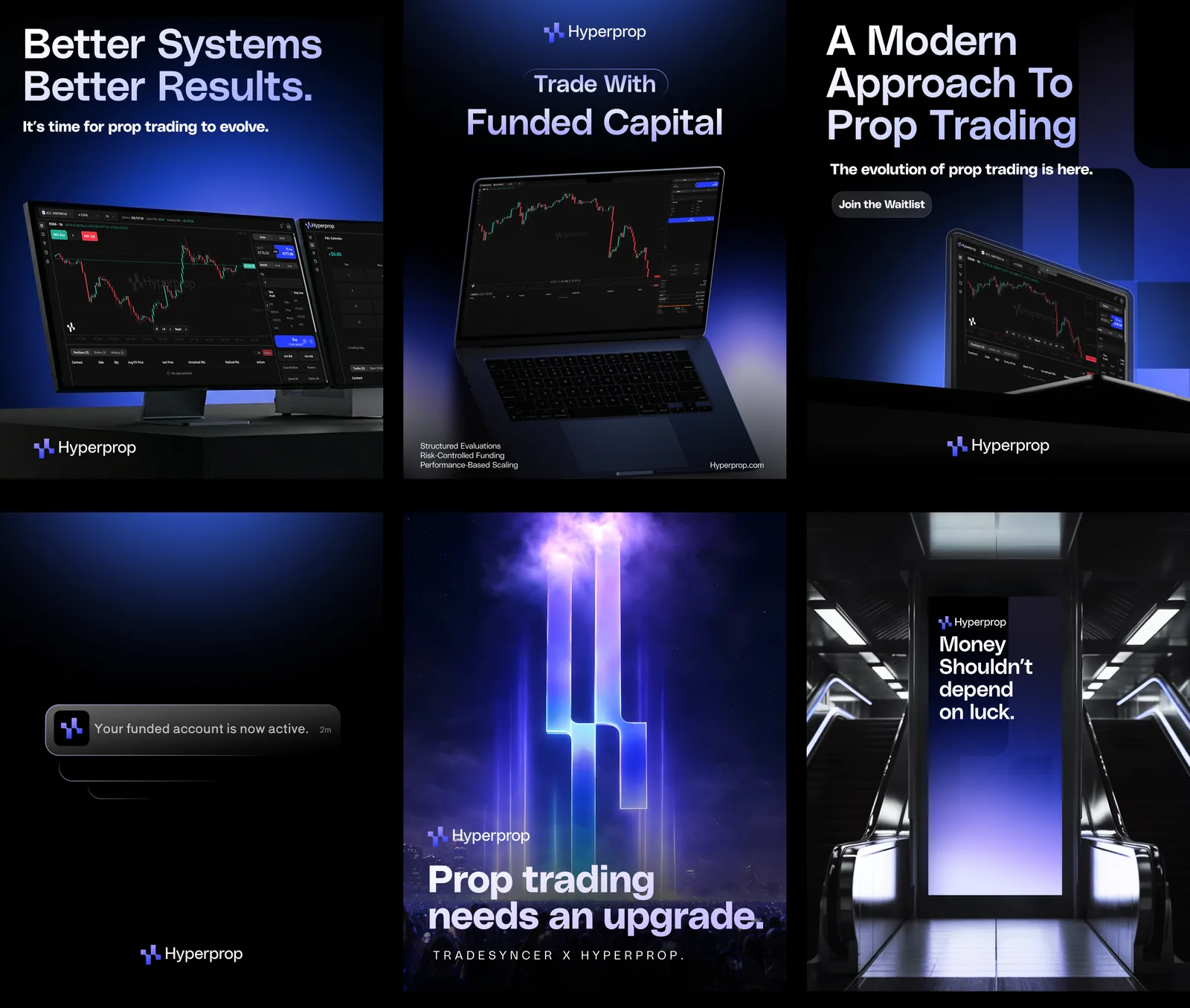 Grid of Hyperprop social posts in blue and black, including “Better Systems Better Results”, “Trade With Funded Capital” and “Prop trading needs an upgrade.”