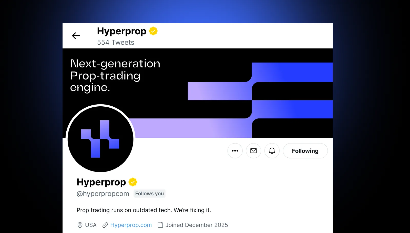 Hyperprop social media profile with the symbol as the avatar and a blue and purple header reading “Next-generation prop trading engine.”