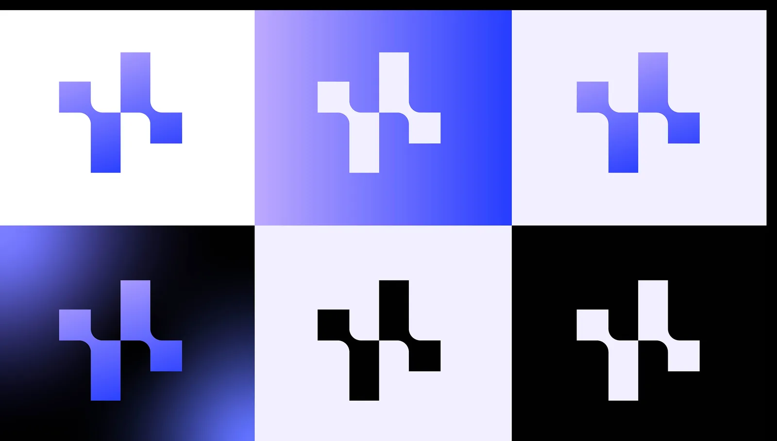 Six tiles showing the Hyperprop symbol in blue, white, black and gradient versions on light and dark grounds