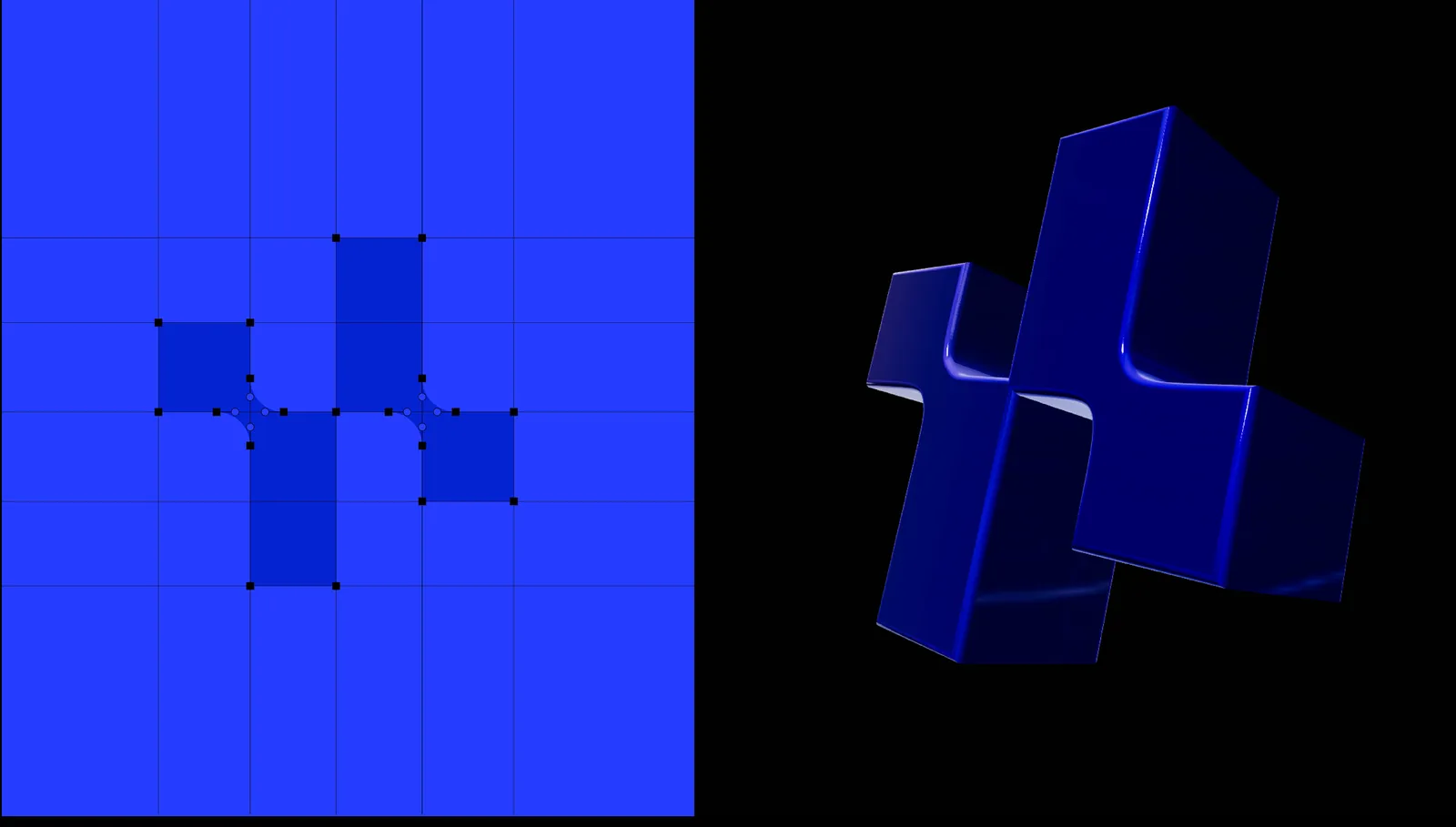 Hyperprop symbol: on the left, flat on Hyperprop blue over a square grid; on the right, the same symbol as a 3D blue form on black