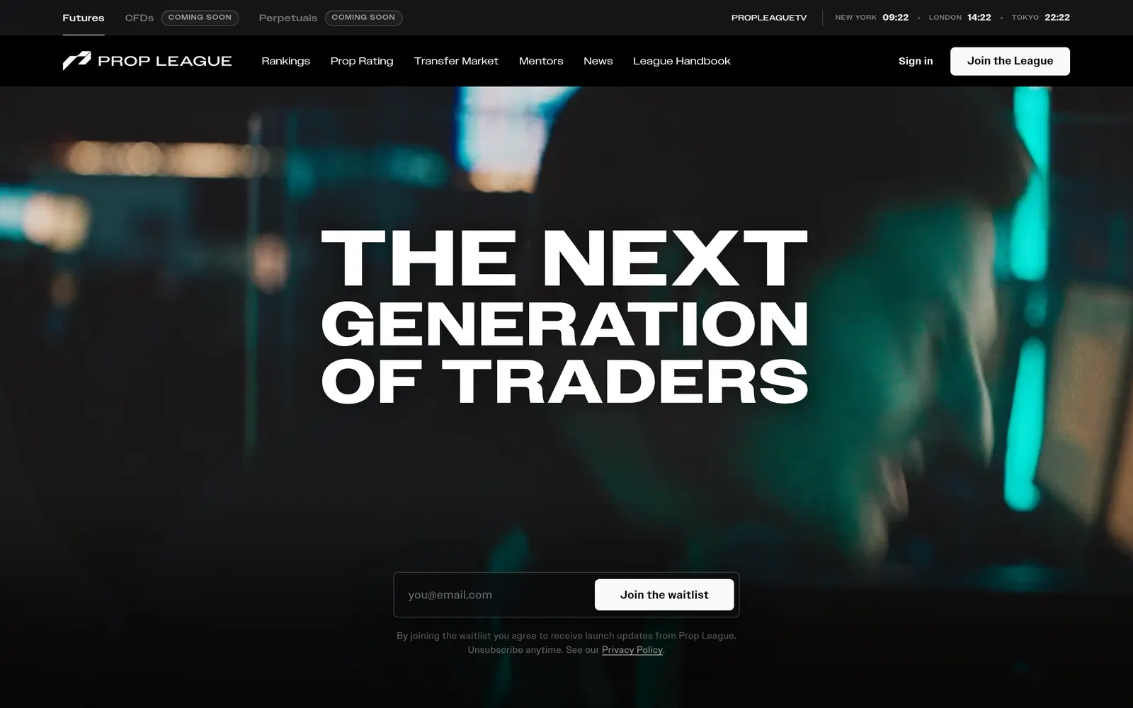 Prop League homepage hero: 'The next generation of traders' with a waitlist form