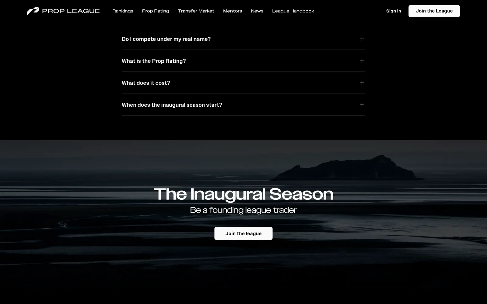 Prop League homepage section 'The Inaugural Season'