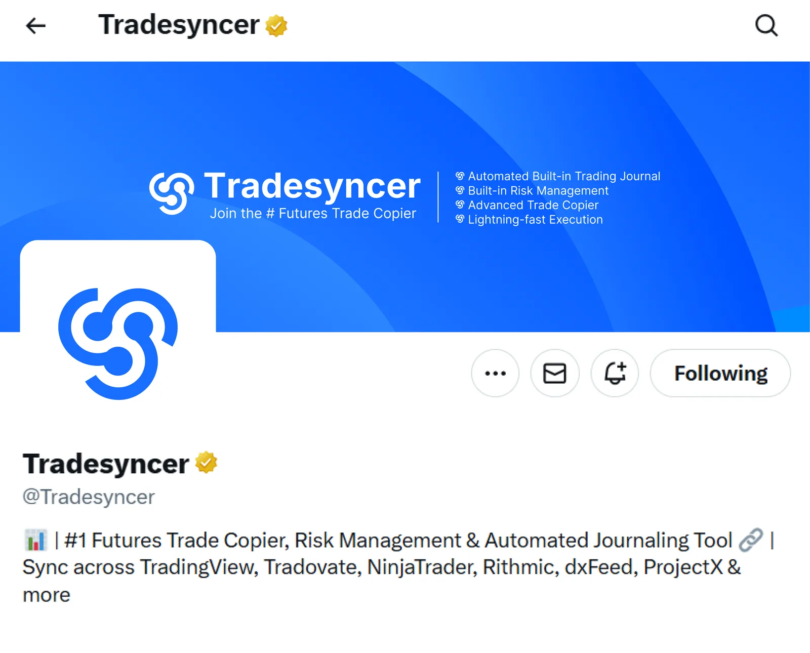 Tradesyncer profile on X with the blue symbol as the avatar and a blue header showing the logo and four product features