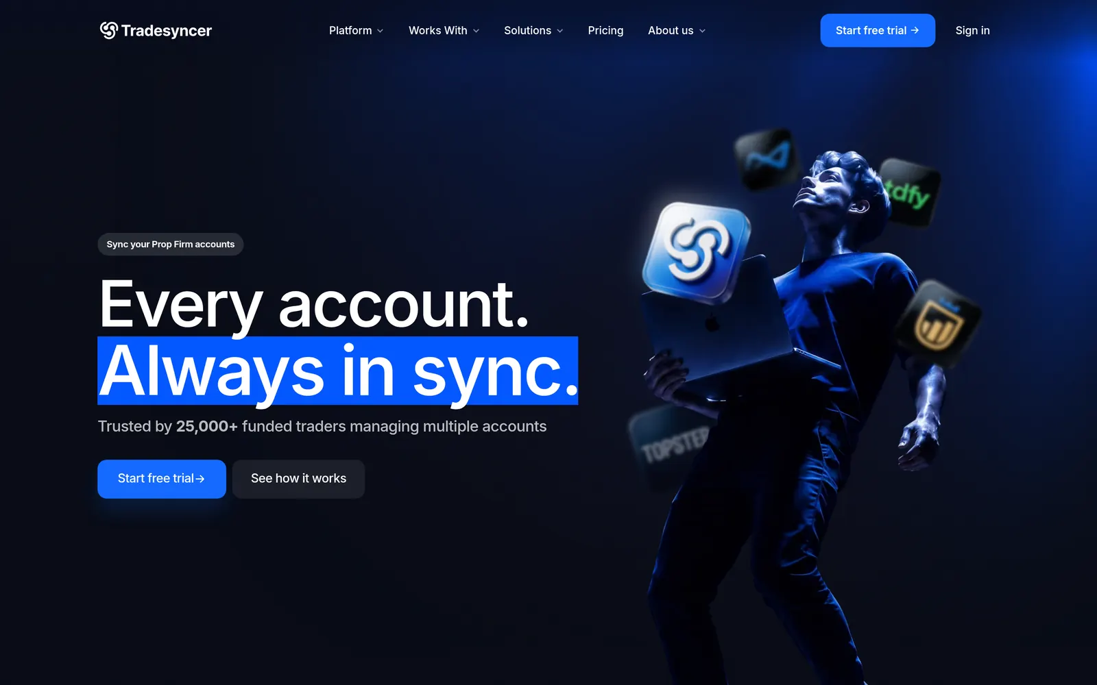 Tradesyncer homepage hero: the headline 'Every account. Always in sync.'