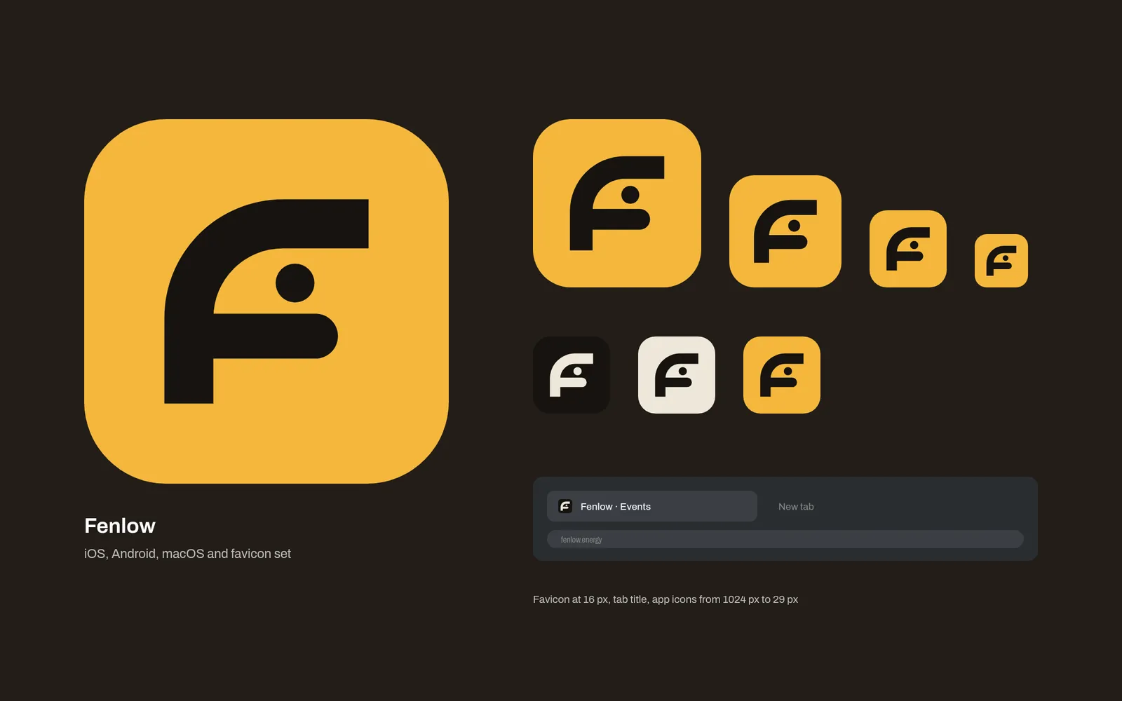 Fenlow app icons at several sizes and a browser tab showing the favicon