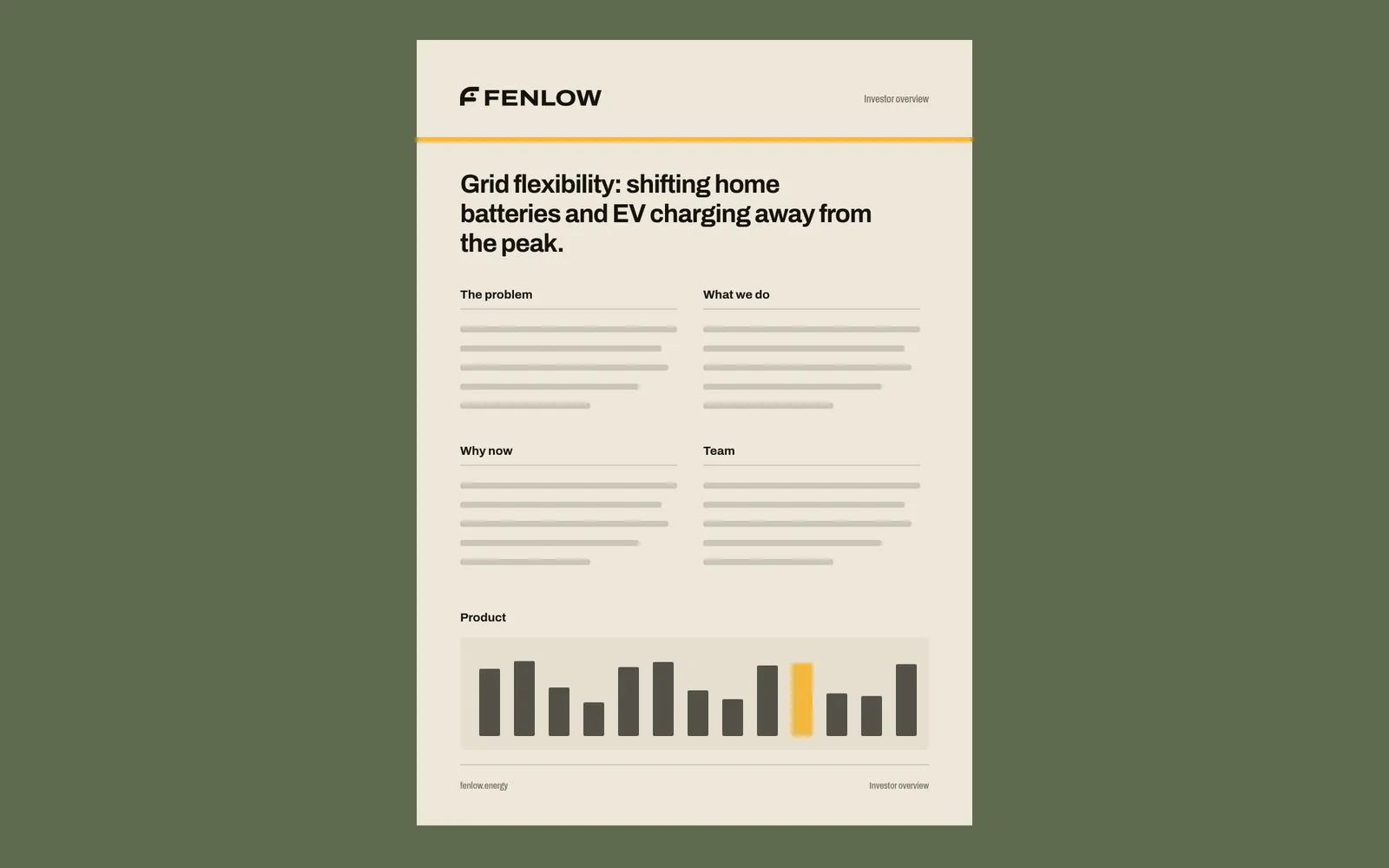 Fenlow investor one-pager layout, body copy shown as grey lines