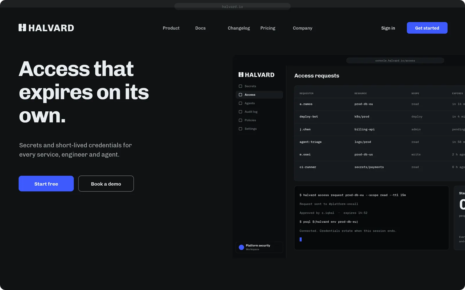 Halvard website hero with the headline “Access that expires on its own.”