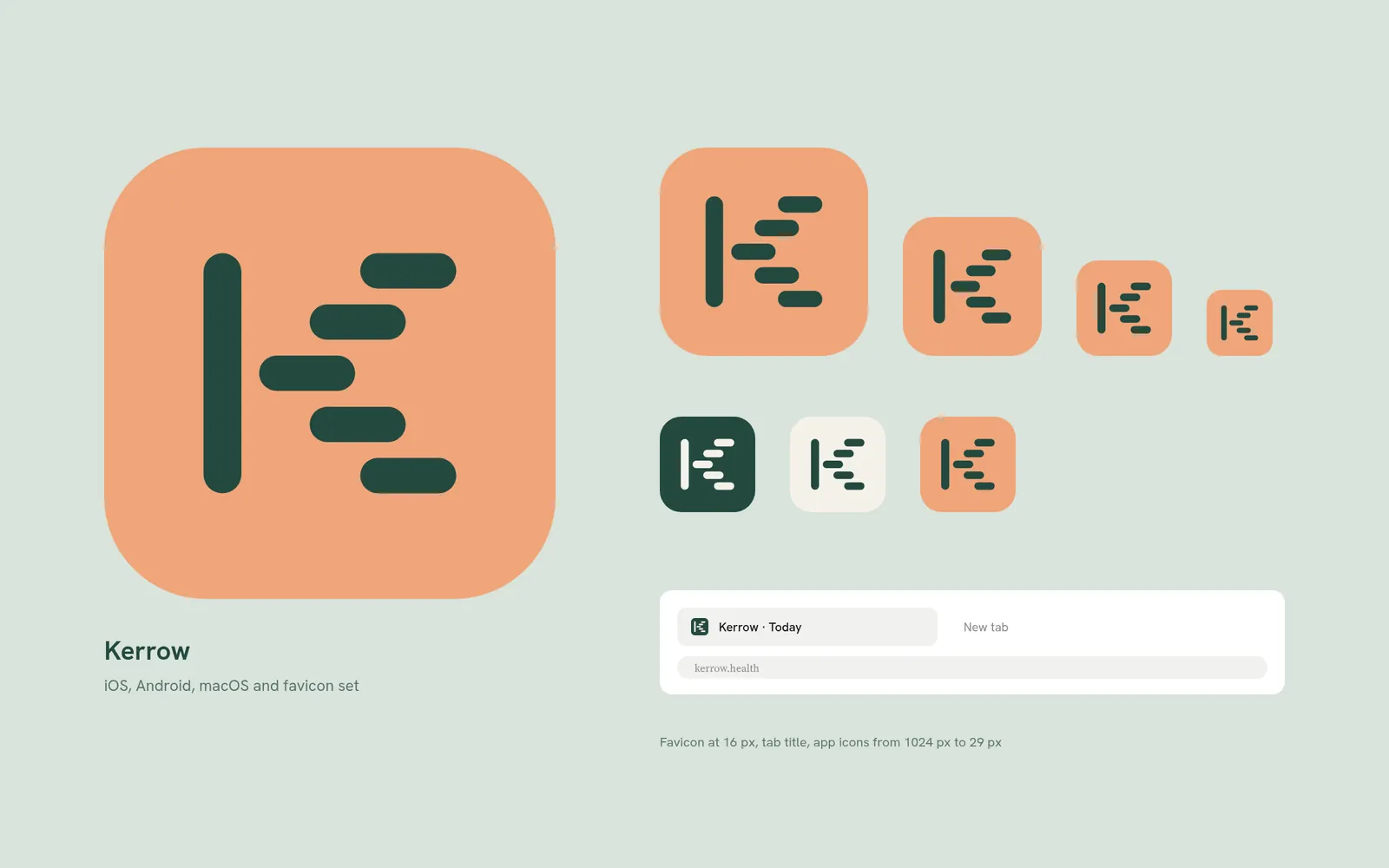 Kerrow app icons at several sizes and a browser tab showing the favicon