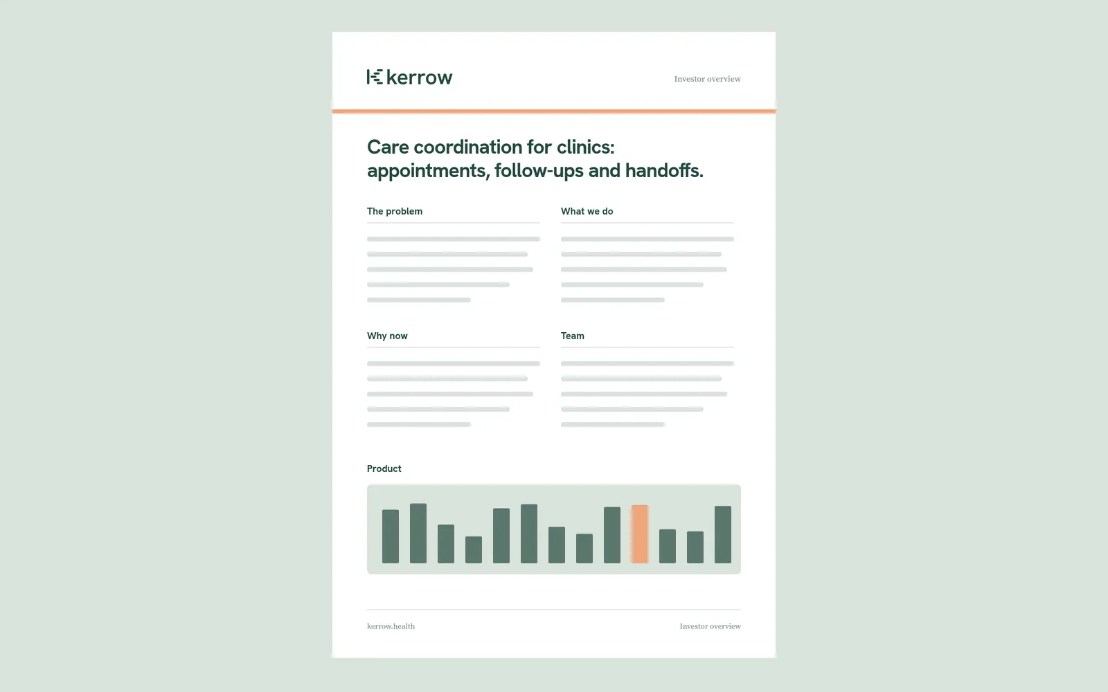 Kerrow investor one-pager layout, body copy shown as grey lines