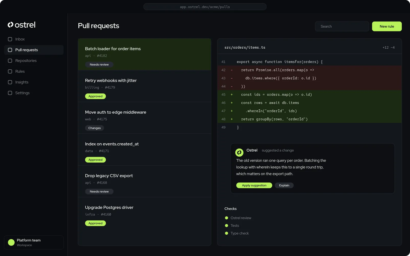 Ostrel product interface: pull request queue with a code diff and an AI review comment