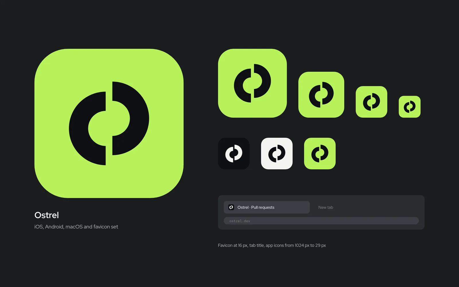 Ostrel app icons at several sizes and a browser tab showing the favicon