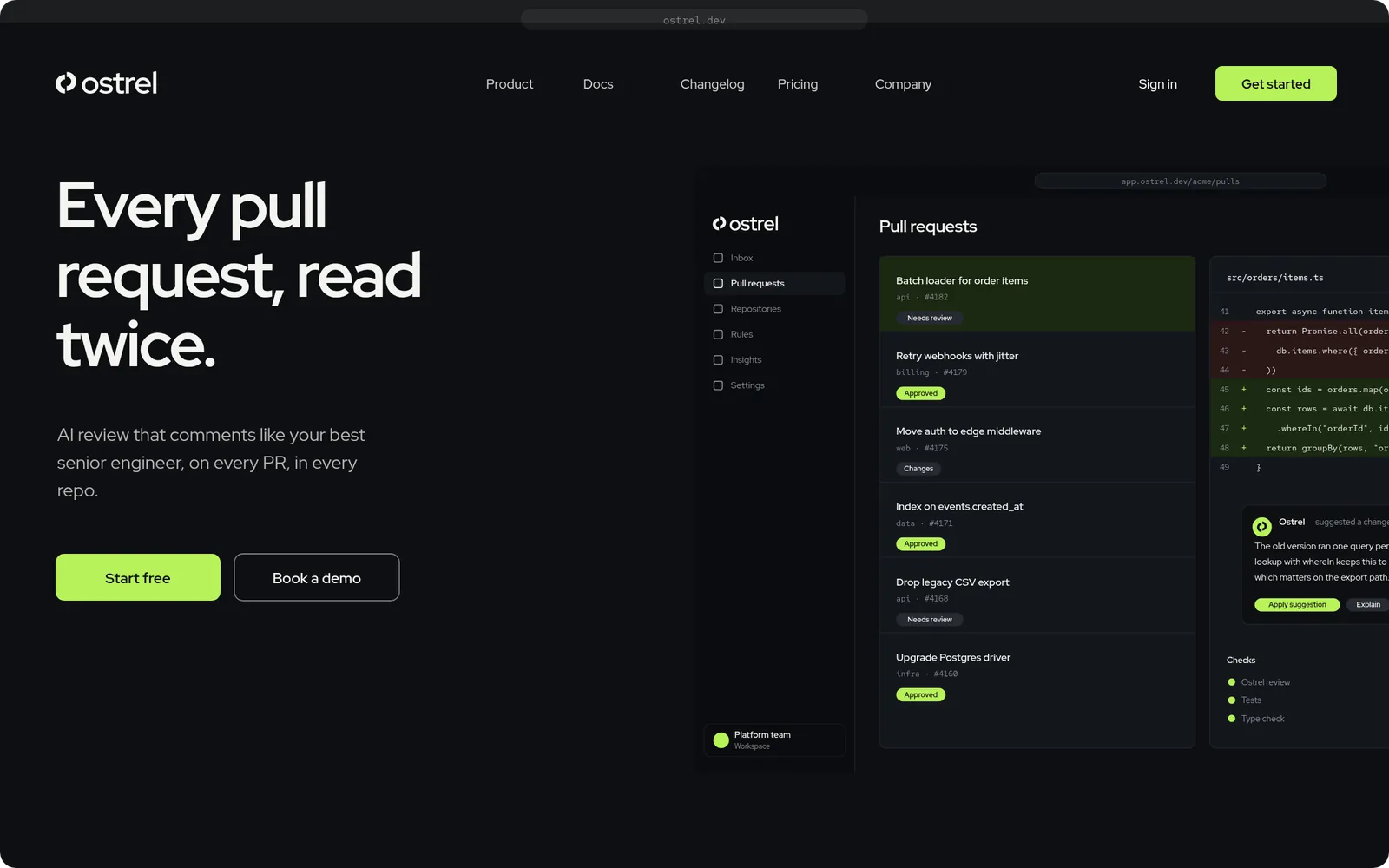 Ostrel website hero with the headline “Every pull request, read twice.”