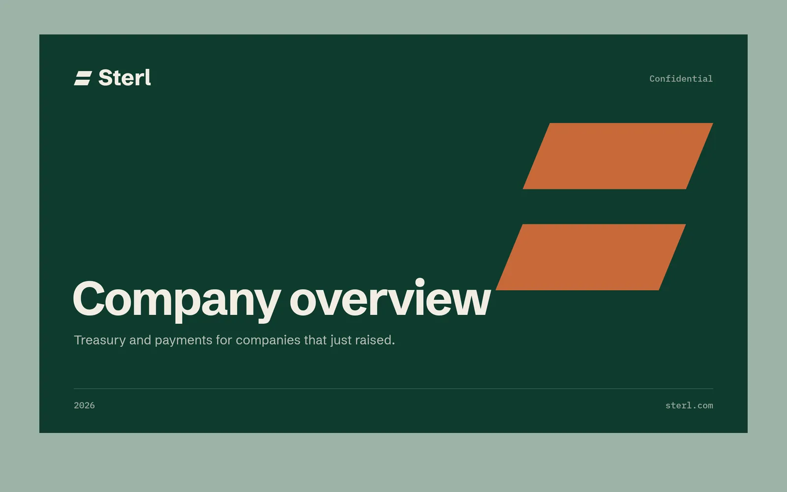 Sterl pitch deck cover slide, “Company overview”