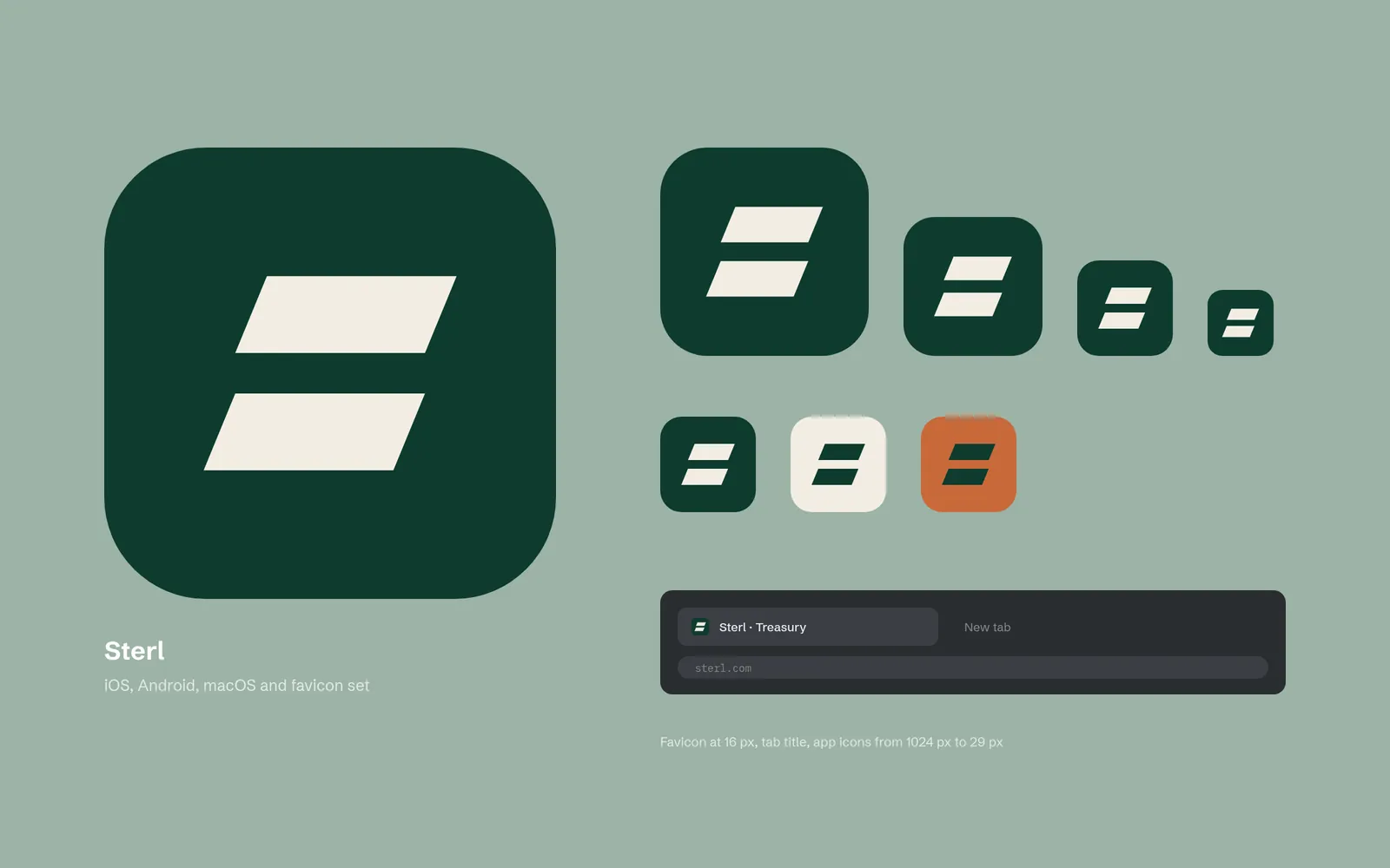 Sterl app icons at several sizes and a browser tab showing the favicon