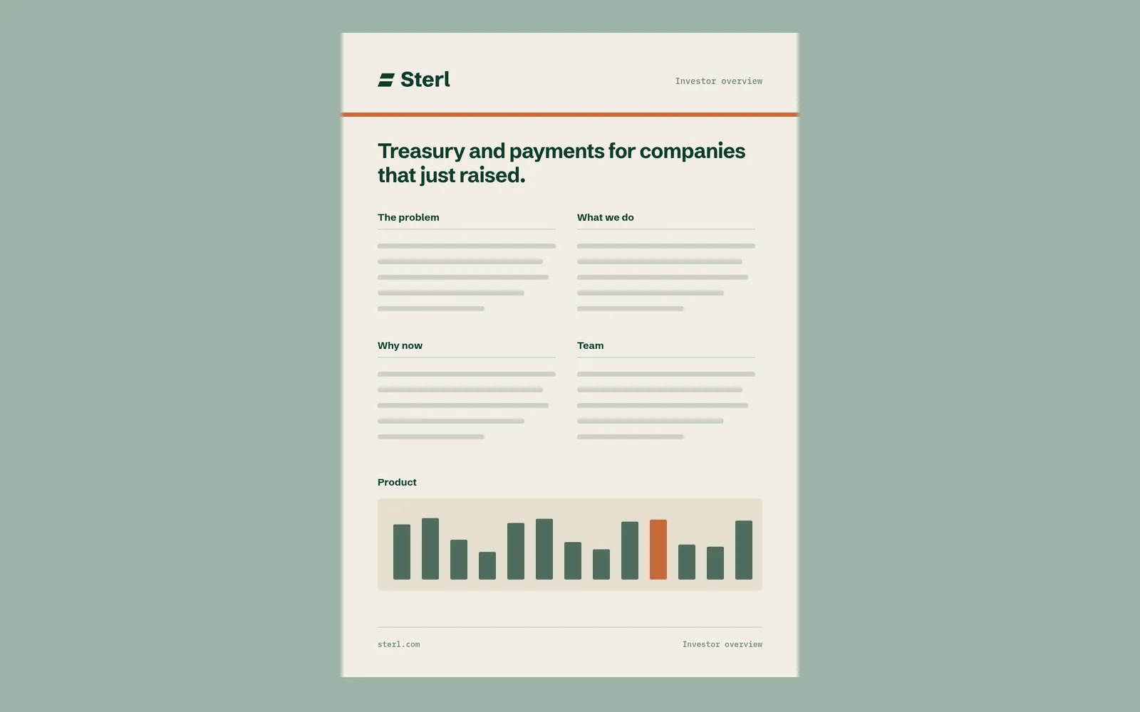 Sterl investor one-pager layout, body copy shown as grey lines